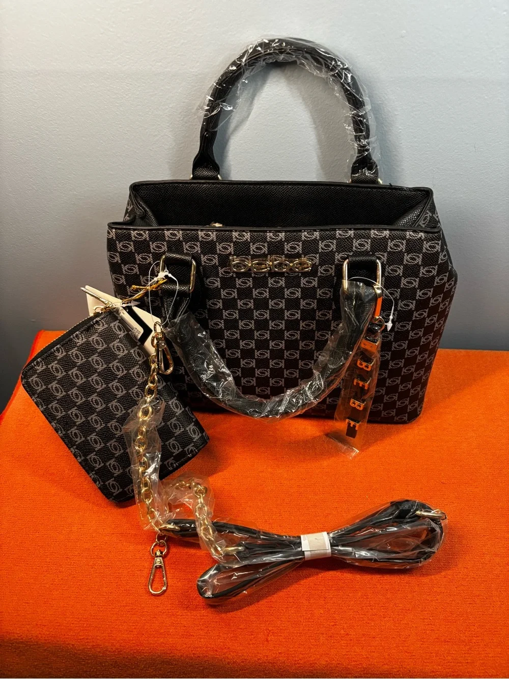 bebe Adele Black Logo Satchel with Matching Wallet and Gold Accents